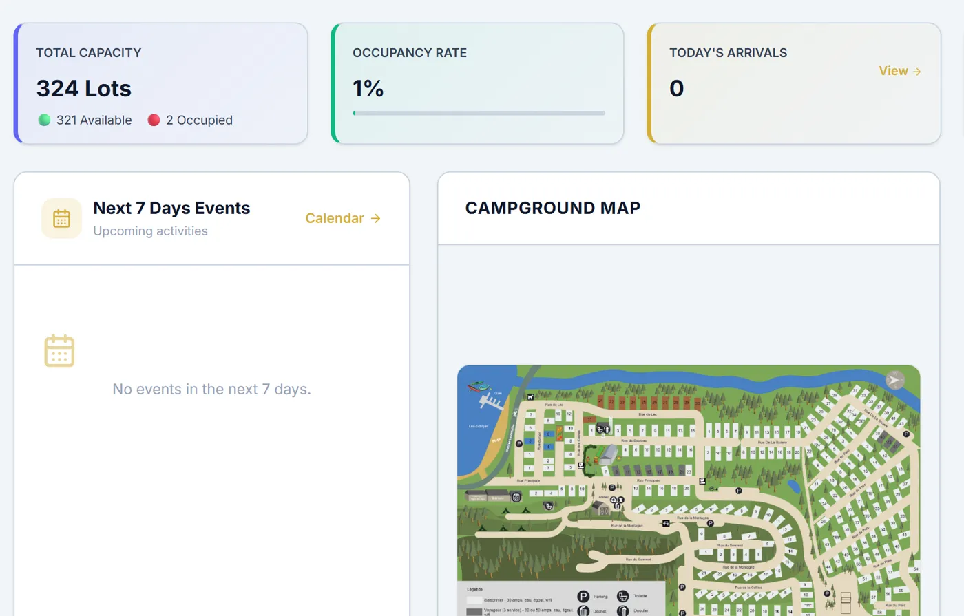 Dashboard with lot capacity, occupancy and the campground map