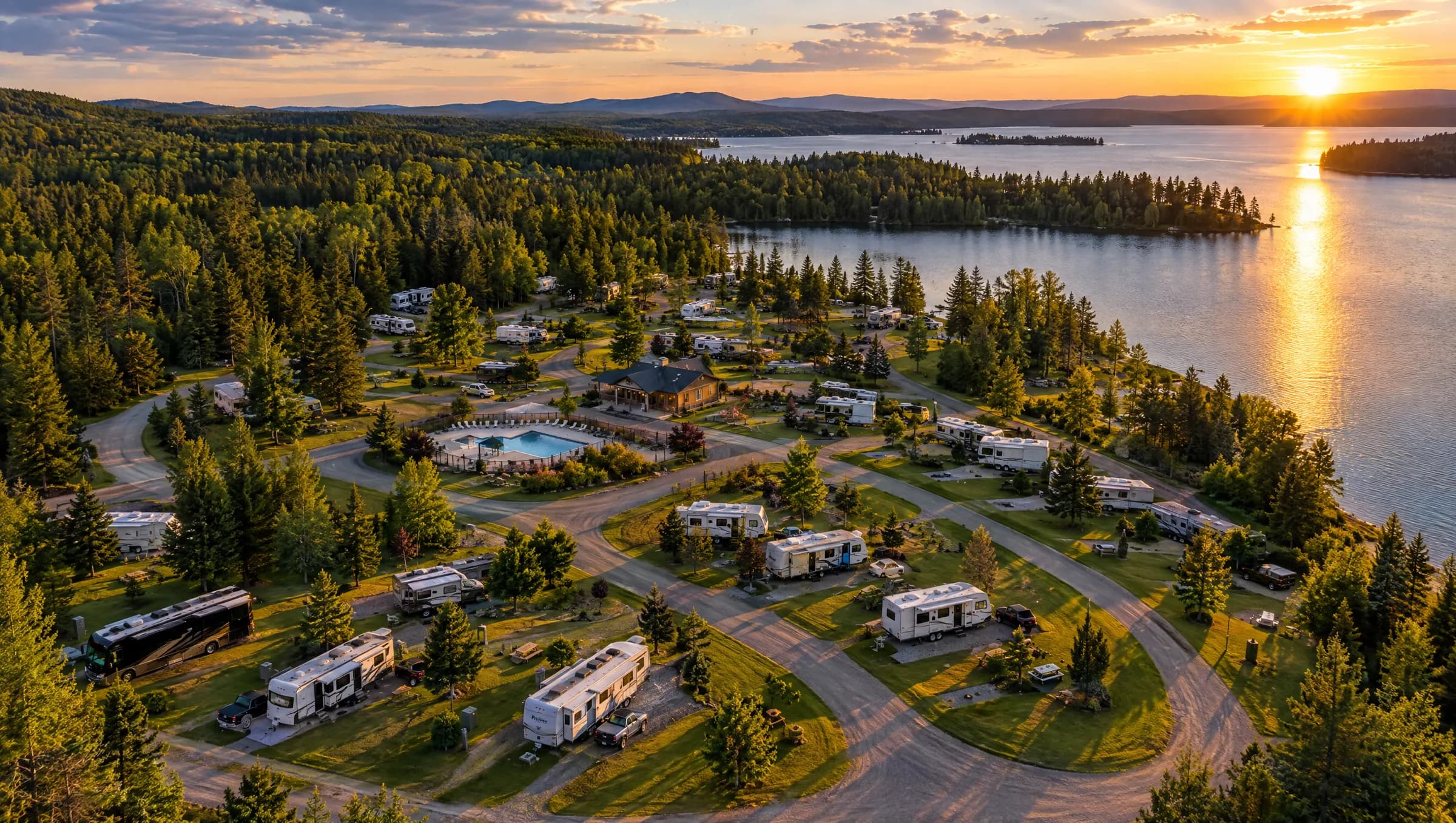 Aerial view of an RV park beside a lake at golden hour