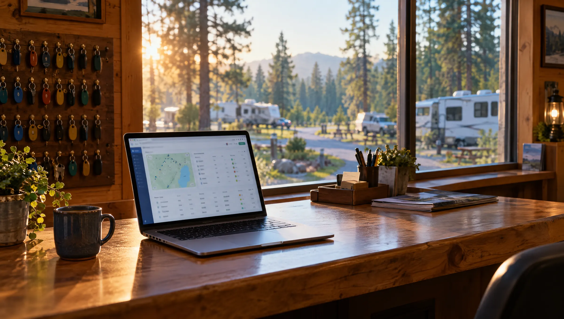 A campground reception desk at sunrise with the management app open on a laptop